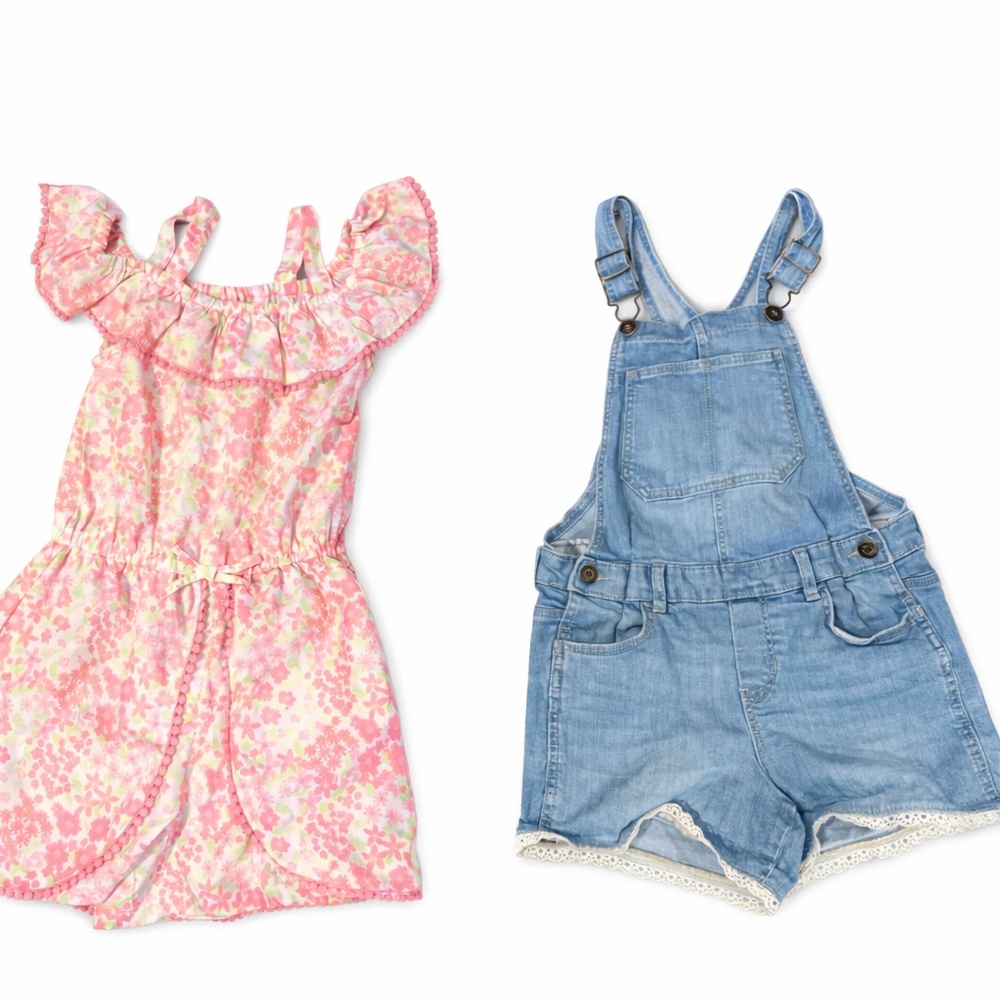 Girls Outfit Bundle Size 8 Floral Dress w/ Built-In Shorts + Denim Overall Short